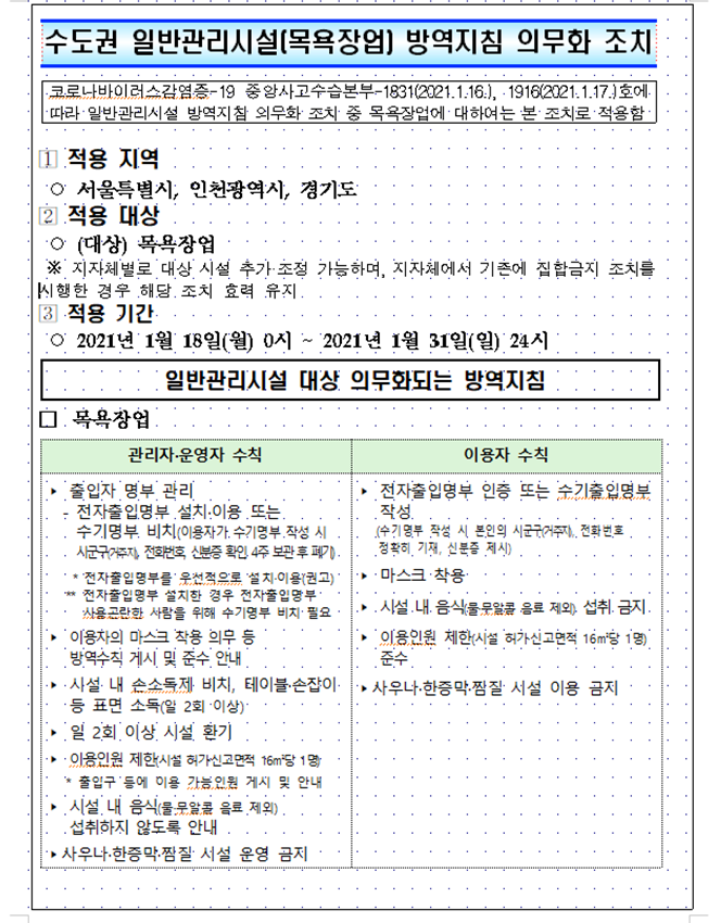 사회적 거리두기 2.5단계 기간 연장에 따른 관내 대상시설 방역지침 의무화 안내 이미지 1 - 본문에 자세한설명을 제공합니다.